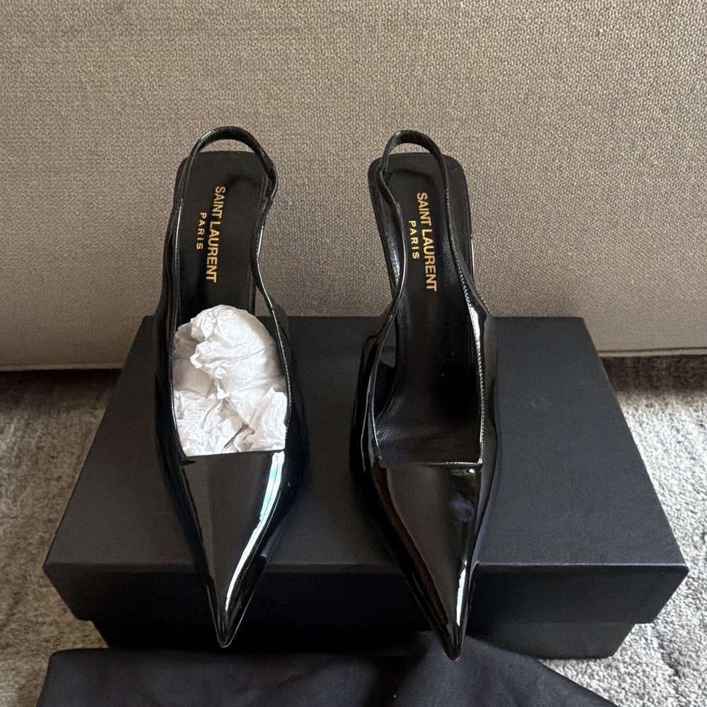 Saint Laurent Black Patent Leather Logo Slingback Pointed Toe Stiletto 8.5 - Picture 3 of 6